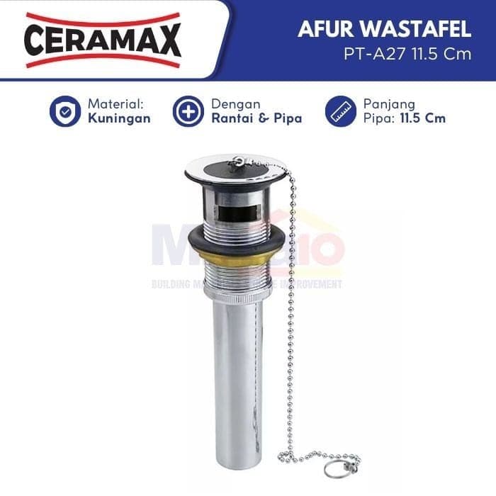 Ceramax Afur Lubang Pembuangan Wastafel Dengan Rantai + Pipa PT-A27 11.5 cm visual 2