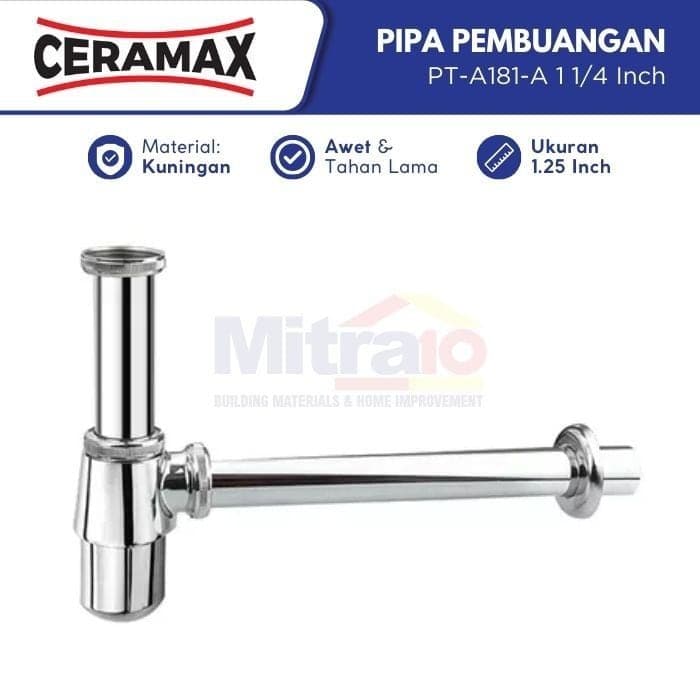 Ceramax P-Trap Pipa Pembuangan Wastafel PT-A181-A 1 1/4 Inch visual 2