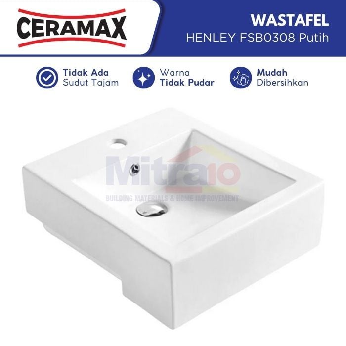 Ceramax Wastafel Semi Tanam Henley FSB0308 47.5 × 42 × 16 cm Putih visual 2