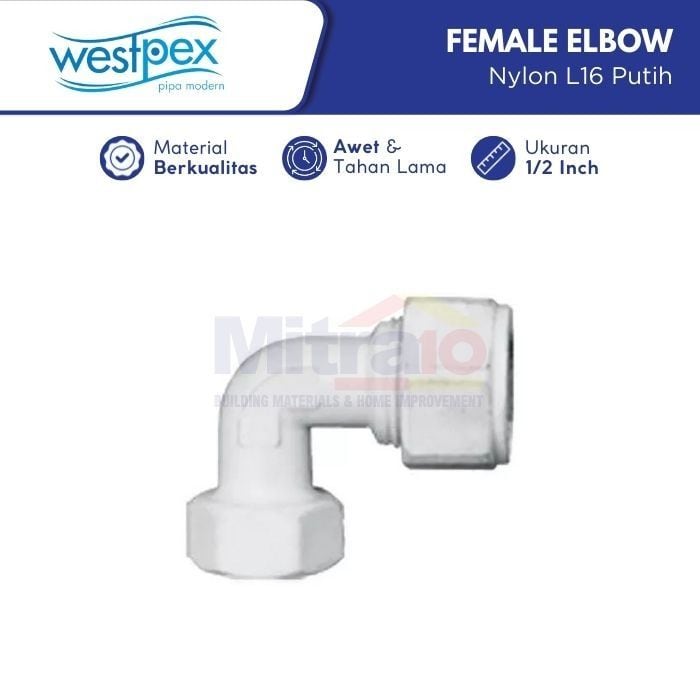 Wastpex Fitting Female Elbow Knee Nylon L16-1/2 Inch Putih visual 2
