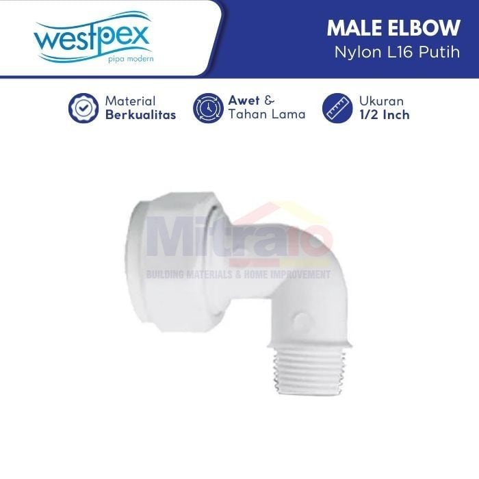 Wastpex Fitting Male Elbow Knee Nylon L16-1/2 Inch Putih visual 2