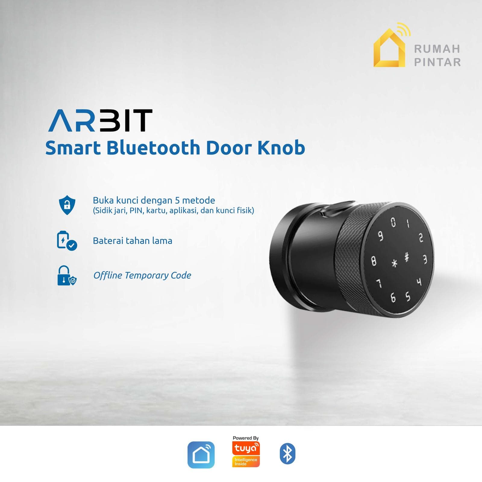 ARBIT Bluetooth Door Knob Lock Kenop Kunci Pintu Pintar Minimalis Smart Home tuya - black