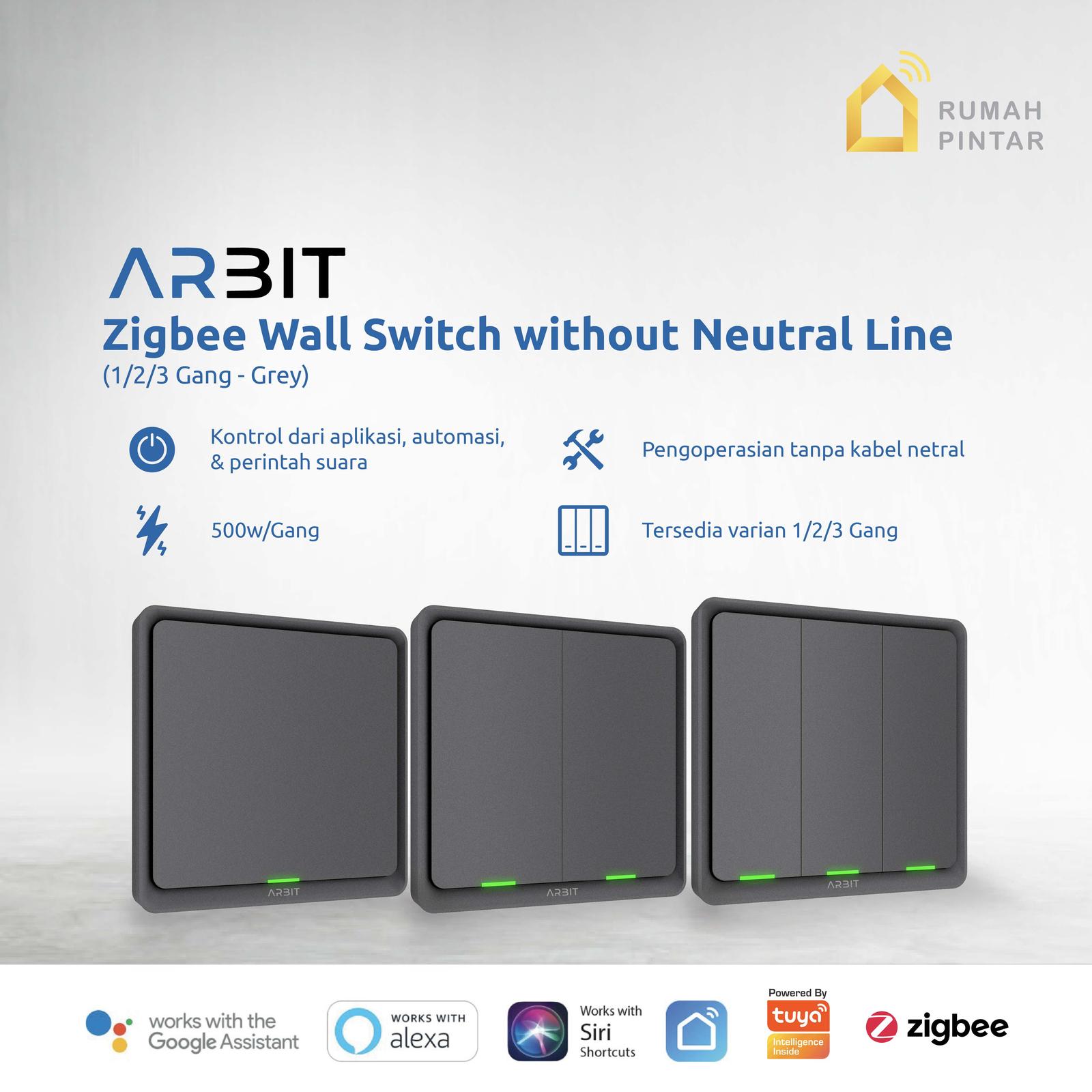 ARBIT Smart Home Zigbee Wall Switch 1 2 3 Gang Tombol Cetekan without Neutral Line Saklar Pintar Grey Tuya - 1 Gang