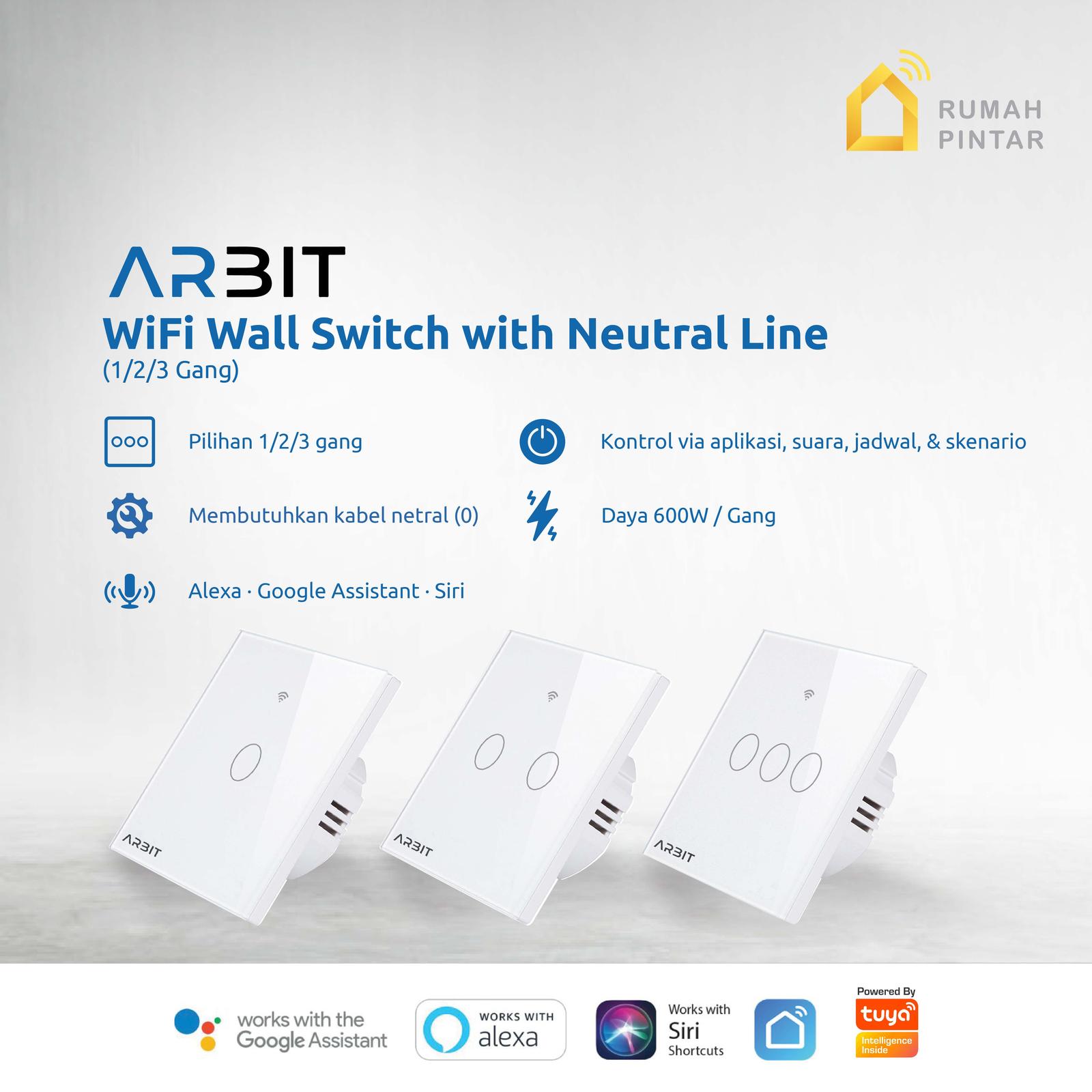ARBIT WiFi 1 2 3 Gang Tombol Switch Saklar Pintar Touch Smart Home tuya - Putih, 1 Gang