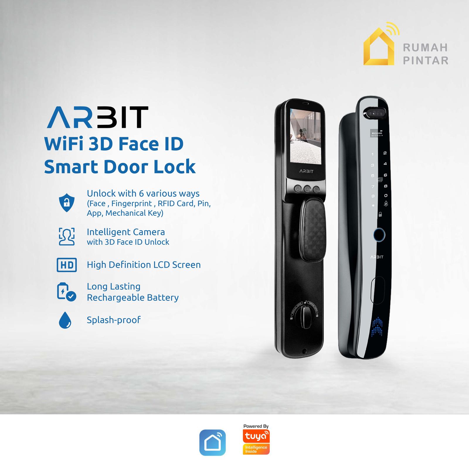 ARBIT WiFi 3D Face ID Smart Home Door Lock Kunci Pintu Pintar Sensor Wajah Recognition Layar Tuya