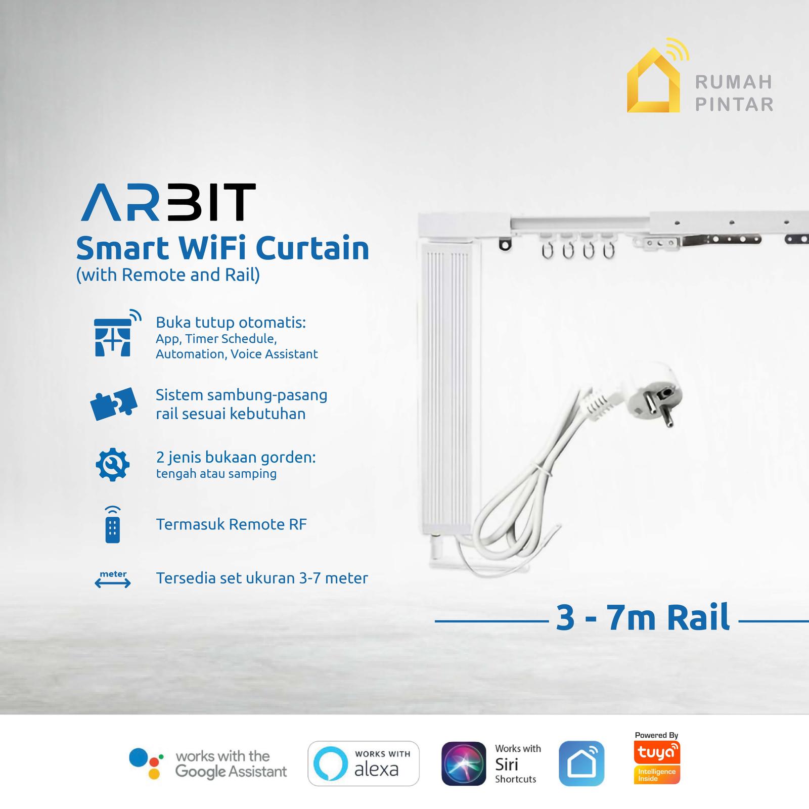 ARBIT WiFi Curtain Motor + Remote + Adjustable Rail 3 4 5 6 7 M Meter Rel Gorden Pintar Smart Home Tuya - 3 m