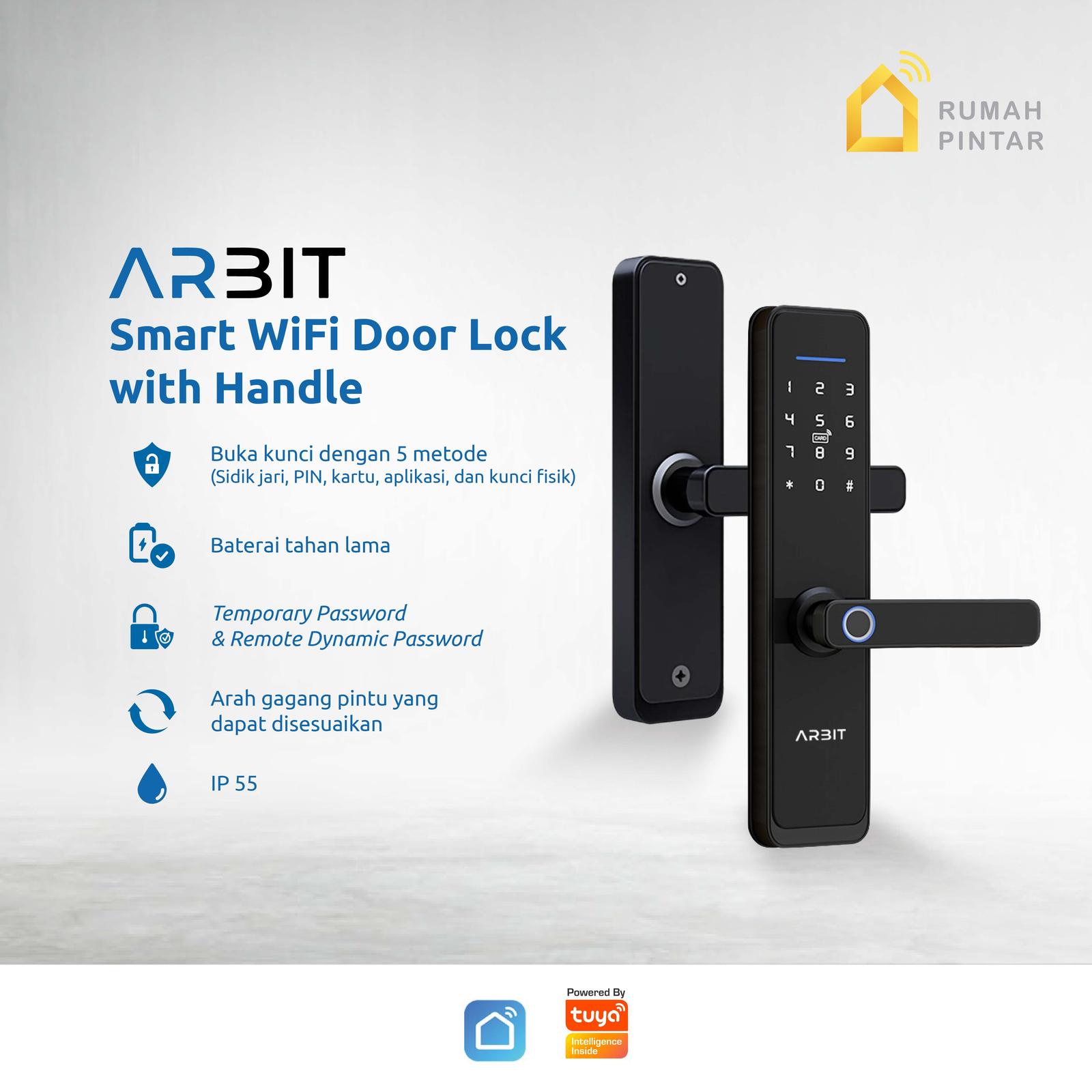 ARBIT WiFi Door Lock with Reversible Handle Kunci Pintu Pintar Fingerprint PIN Kartu RFID eKTP Smart Home Tuya - black