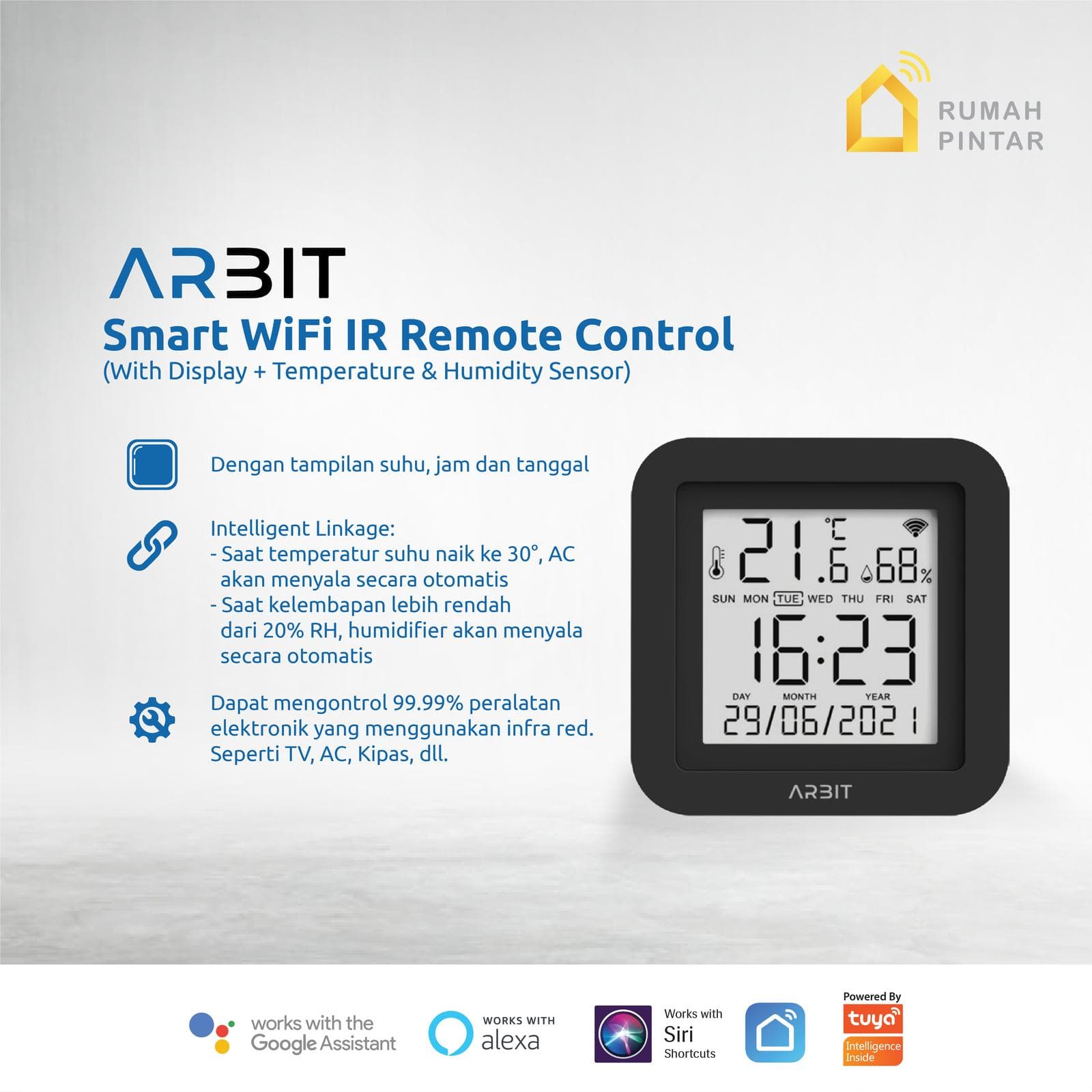 ARBIT WiFi IR Infrared Remote with Temperature & Humidity Sensor Display Remot Kontrol Tampilan Jam Suhu Kelembaban Pintar Smart Home Tuya Usb - Black