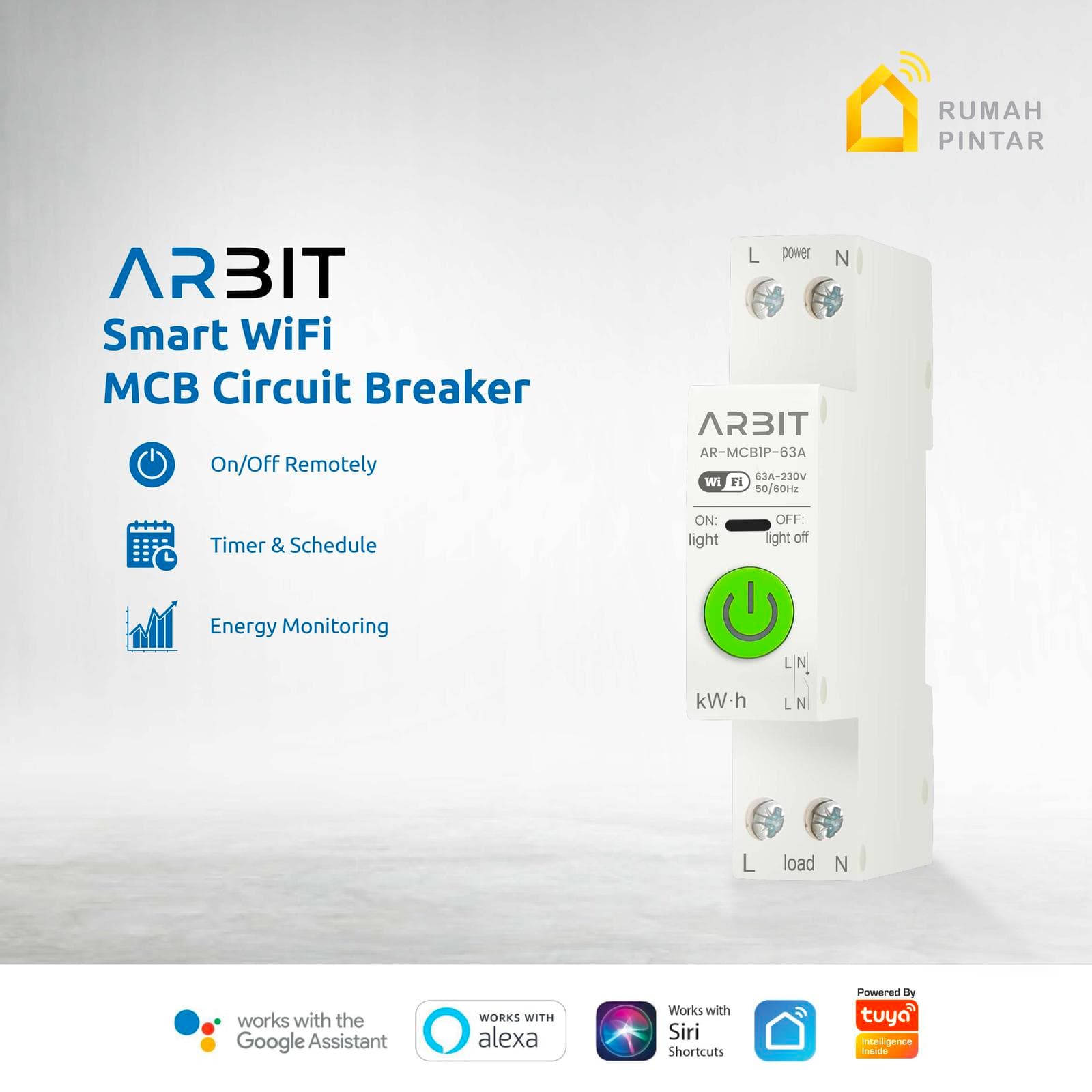 ARBIT WiFi MCB Circuit Breaker 1P 63A kelistrikan Listrik Pintar Tuya