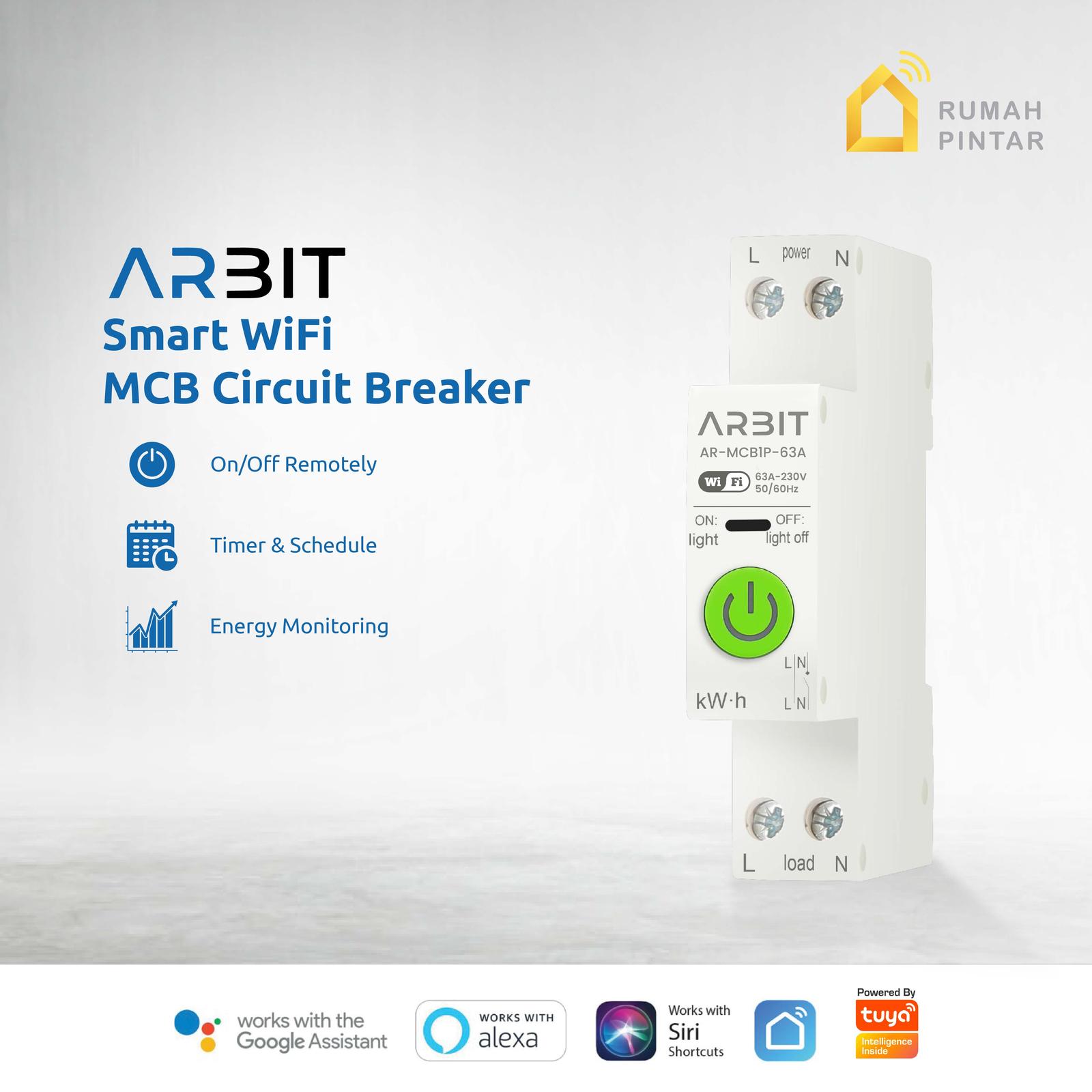ARBIT WiFi MCB Circuit Breaker 1P 63A kelistrikan Listrik Pintar Tuya