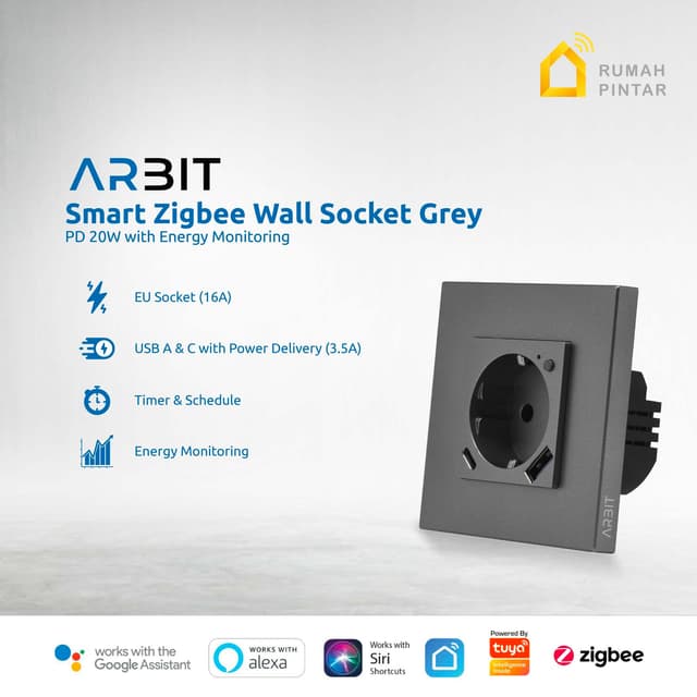 ARBIT Zigbee Wall Socket Colokan Stopkontak Power Delivery Charge PD 20W USB A C tuya - White