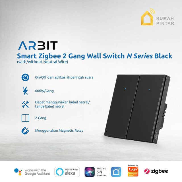 ARBIT Zigbee Wall Switch N Series 1 2 3 Gang Saklar Pintar Smart Home Black Tuya - 1 Gang