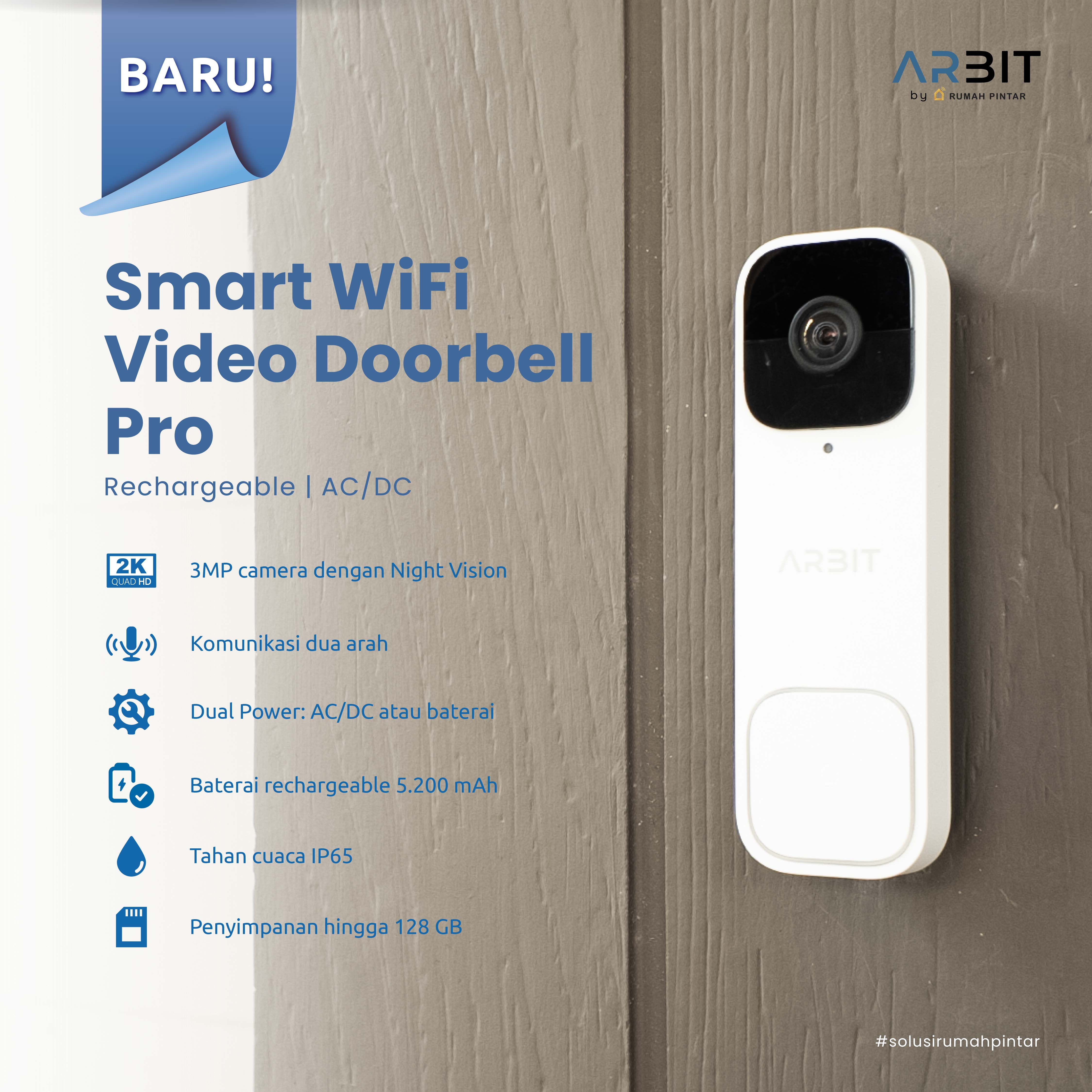 ARBIT WiFi Video Doorbell Pintar Waterproof Tahan Air IP65 3MP 2048p + Chime + Smart Home Pro White Rechargeable two way communication Bell Baterai Kabel Set Tuya AC/DC - Pro - Whi